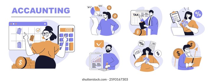 Accounting concept set in flat web design. People in isolated scenes inspecting financial balance, making tax calculation, investing money, banking, planning and reporting. Vector illustrations.
