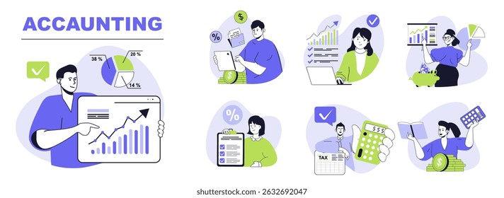 Accounting concept set for web design. Collection with people making financial balance review, tax calculation, banking and investing money. Flat vector illustration isolated on white background.