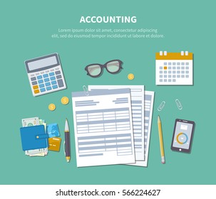 Accounting Concept. Tax Day. Financial Analysis, Tax Payment, Analytics, Data Capture, Statistics, Research. Forms, Charts, Graphs, Calendar, Calculator, Wallet, Money, Phone On The Desk. Top View.