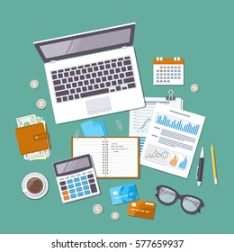 Accounting concept. Tax day. Financial analysis, tax payment, pay day, calculation, statistics, research. Forms, charts, graphs, calendar, calculator, wallet, money, credit card, coins, desk Top view.