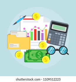 Accounting concept vector flat illustration design. Business finance analysis digital tax solution. Economic data research management report Consulting budget calculation audit assessment CPA service