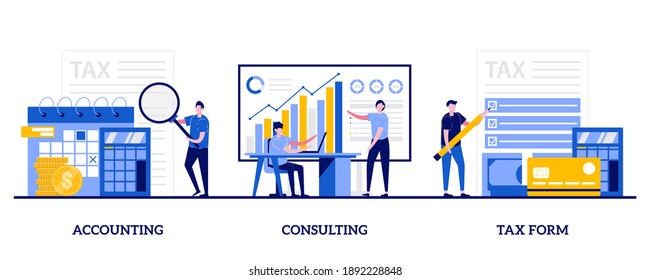 Accounting, consulting, tax form concept with tiny people. Financial information abstract vector illustration set. Tax filing, audit service, online application software, business strategy metaphor.