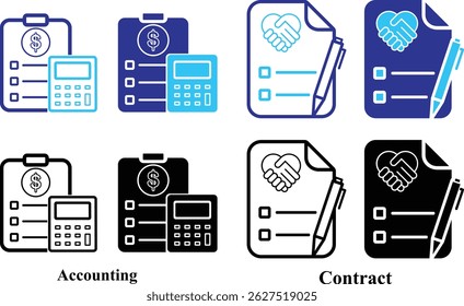 Conjunto de Ícones de Contabilidade e Contrato. Auditoria, Impostos. Ícones de Documentos Legais. Símbolos comerciais. Traçado editável. Ilustração vetorial