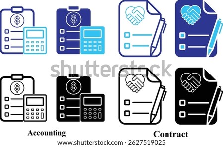 Accounting and Contract Icon set. Audit, Taxes. Legal Documents Icons. Business symbols. Editable stroke. Vector illustration