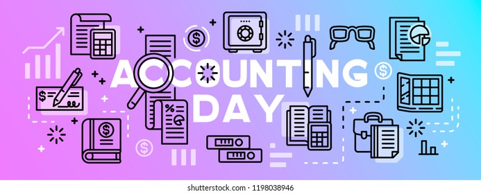 Accounting day tool banner. Outline illustration of accounting day tool vector banner for web design