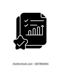 Accounting document black glyph icon. Positive review. Report on growing financial chart. Analyze business graph. Survey poll. Silhouette symbol on white space. Vector isolated illustration