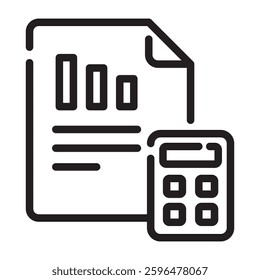 Accounting document with calculator outline icon, finance and business analysis symbol, black and white vector illustration isolated on white background.