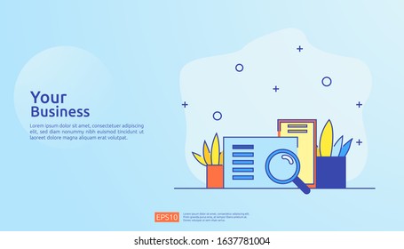 accounting document data report concept for business statistics, investment analysis, planning research and finance audit with paper sheet chart, laptop, magnifier, paperwork, charts, graphs element