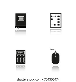 Accounting drop shadow black glyph icons set. Bookkeeper's journal, abacus, calculator, computer mouse. Isolated vector illustrations