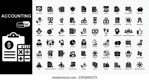  Accounting editable icons set. Accountant, financial, business firm tax, statement, calculator, and balance sheet icons . Vector illustration