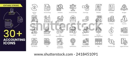Accounting Editable Stroke icon set. Containing financial statement, accountant, financial audit, invoice, tax calculator, business firm, File, tax return, Financial Statement and income. Outline icon