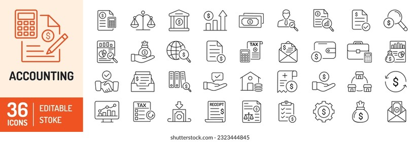 Accounting editable stroke outline icons set. Accountant, financial, business firm tax, statement, calculator, and balance sheet icons. Vector illustration - Shutterstock ID 2323444845