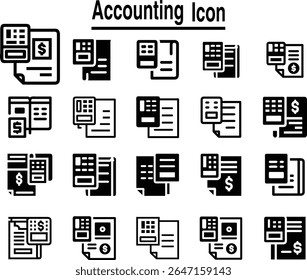 Conjunto de contabilización de contorno de trazo editable. Contador, financiero, empresa de negocios, declaración de impuestos, calculadora y Ilustración vectorial.