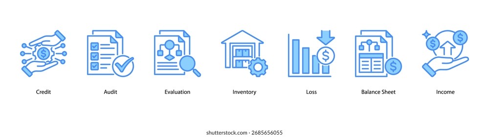 Accounting Essentials web banner icon vector illustration featuring Credit, Audit, Evaluation, Inventory, Loss, Balance Sheet, and Income.