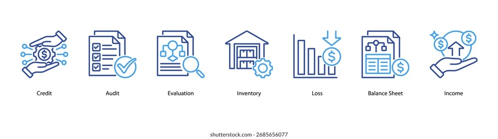 Ilustración vectorial de íconos de Anuncio de Web de Essentials con crédito, auditoría, evaluación, inventario, pérdida, balance e ingresos.