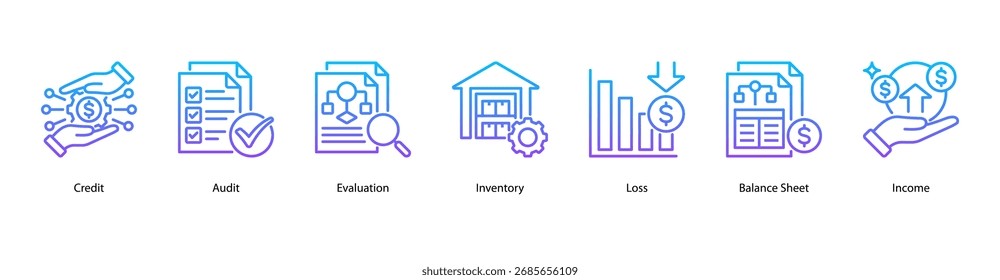 Accounting Essentials web banner icon vector illustration featuring Credit, Audit, Evaluation, Inventory, Loss, Balance Sheet, and Income.