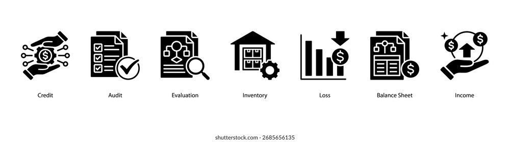 Ilustración vectorial de íconos de Anuncio de Web de Essentials con crédito, auditoría, evaluación, inventario, pérdida, balance e ingresos.