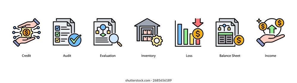 Ilustración vectorial de íconos de Anuncio de Web de Essentials con crédito, auditoría, evaluación, inventario, pérdida, balance e ingresos.
