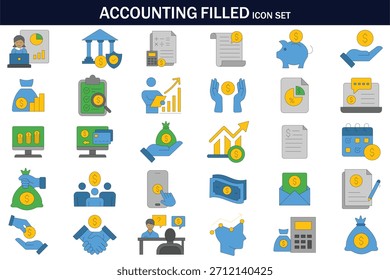 Accounting filled icon set featuring finance, budgeting, audit, tax, money management, reports, banking, calculator, savings and financial analysis symbols. Perfect for business and finance projects.