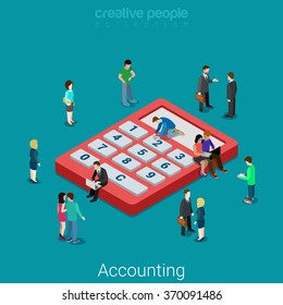 Accounting and finance analytics. Flat 3d isometry isometric business financial bank loan concept web vector illustration. Micro people and huge calculator. Creative people collection.