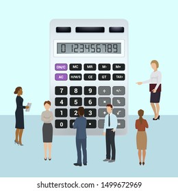 Accounting and finance analytics vector illustration. Men and women analyze company financial situation calculating. Business accountants people group standing near big calculator.