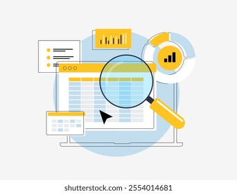 Accounting and finance audit illustration with tools for budget calculation, profit and loss analysis, report generation and data visualization. Business accounting with graphs and financial metrics