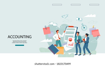 Accounting And Finance Audit Web Banner Template With Business People Characters.  Maintaining Financial Statements Of A Company And Processing Tax Documents Services, Flat Vector Illustration.