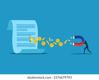 Accounting and Finance. Businessman uses a magnet to suck money from documents