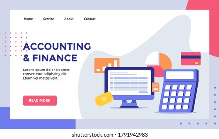 Accounting and finance computer campaign for web website home homepage landing page template banner with flat style