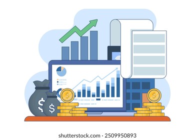 Accounting and finance concept. Budget income. Accounting profit is calculated by subtracting expenses from revenue. Business accountant with calculator. Flat vector illustration on background.