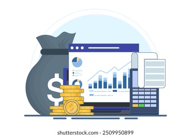 Conceito contabilístico e financeiro. Receita orçamentária. O lucro contabilístico é calculado subtraindo as despesas das receitas. Contador comercial com calculadora. Ilustração de vetor plano no plano de fundo.
