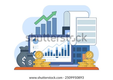 Accounting and finance concept. Budget income. Accounting profit is calculated by subtracting expenses from revenue. Business accountant with calculator. Flat vector illustration on background.