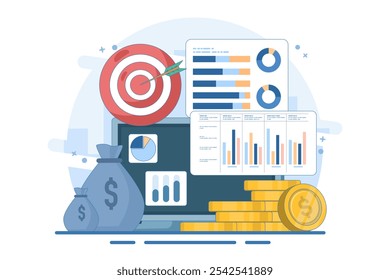 conceito de contabilidade ou financiamento, plano de negócios e orçamento, analista, contador, economia, crescimento de investimento ou lucro de renda, banner de ilustração de vetor plano e fundo.