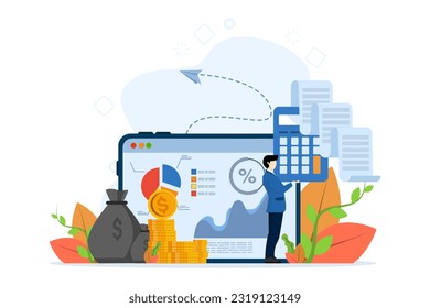 Accounting and finance expert. Budget income. Accounting profit is calculated by taking costs out of revenue. Business accountant with calculator. flat vector illustration on a white background.