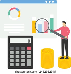 Experto en contabilidad y finanzas. Ingresos presupuestarios. El beneficio contable se calcula tomando los costes de los ingresos. Contable de negocios con una calculadora. Ilustración vectorial plana sobre un fondo blanco.