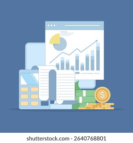 Accounting and finance expert concept. Budget income. Accounting profit is calculated by subtracting expenses from revenue. Business accountant with calculator. Flat vector illustration.