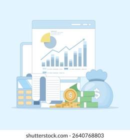 Accounting and finance expert concept. Budget income. Accounting profit is calculated by subtracting expenses from revenue. Business accountant with calculator. Flat vector illustration.