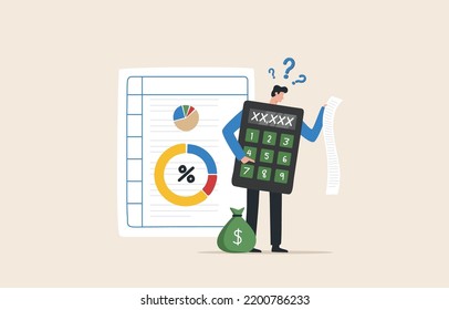Accounting and finance expert. Revenue budget. An accounting profit is calculated by taking expenses away from income. Business people accountants with calculator.