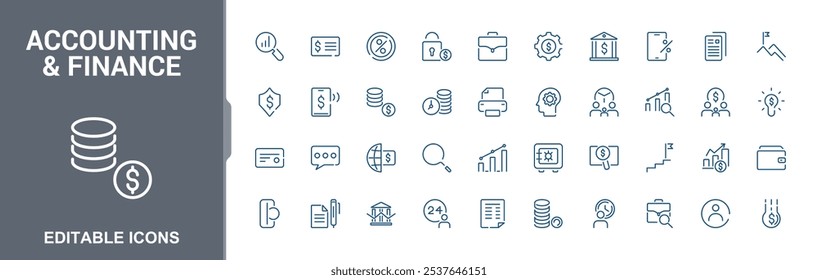 Accounting and Finance icon pack. Featuring profit, banking, money, economic, commerce, credit and more. Isolated icons design. Editable stroke.