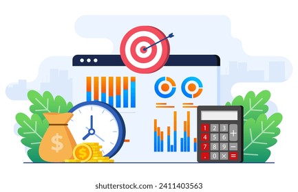 Accounting or finance management concept flat illustration, Business plan and budget, Marketing data analysis, Economic, Strategy, Achieving business goals, Business performance, Market research