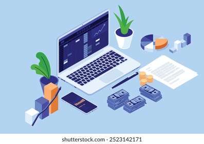 Accounting and finances computer - Laptop with spreadsheet software on screen, money, graphs and document laying around. Vector illustration in isometric perspective view