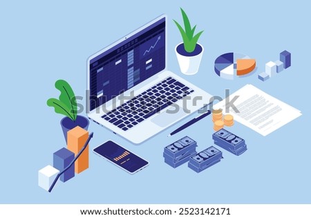 Accounting and finances computer - Laptop with spreadsheet software on screen, money, graphs and document laying around. Vector illustration in isometric perspective view