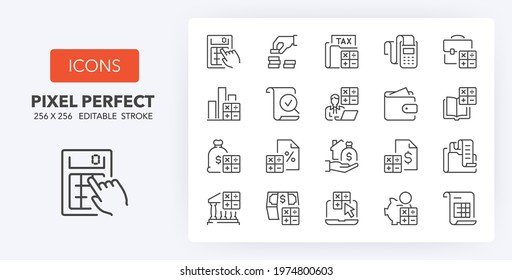 Accounting, finances. Thin line icon set. Outline symbol collection. Editable vector stroke. 