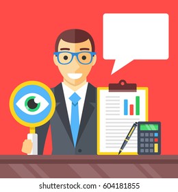 Accounting, financial adviser, investment advisor, auditor concepts. Man with magnifying glass, clipboard, pen, calculator and speech bubble. Modern flat design graphic elements. Vector illustration