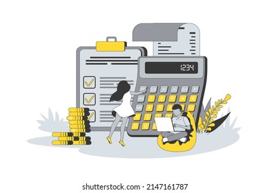 Concepto de contabilidad y análisis financiero en diseño de línea plana. Las personas calculan datos, analizan el presupuesto personal o empresarial y administran el balance de dinero. Ilustración de vector con escena de contorno para web
