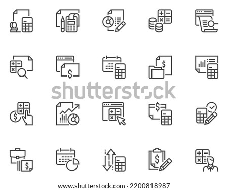 Accounting and Financial Analysis and Control. Vector Line Icons Set. Annual Financial Reporting. Calculation, Revenue, Audit. Editable Stroke. Pixel Perfect.