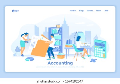 Accounting, Financial analysis, Tax payment, Analytics, Data capture, Statistics, Research. Business team works with documents in office. landing web page design template decorated with people.