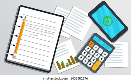Accounting, financial audit concept. Project, risk management. Tax report. Flat smartphone with check mark on screen. Payroll. Table with realistic spiral notebook with text, calculator, pencil, chart