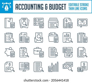 Accounting And Financial Budget Analysis Thin Line Icons. Business Calculation And Financial Report Outline Icon Set. Editable Stroke Icons.