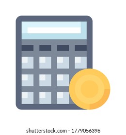 Accounting and Financial Calculation flat icon. Calculator with Coin vector flat color sign.